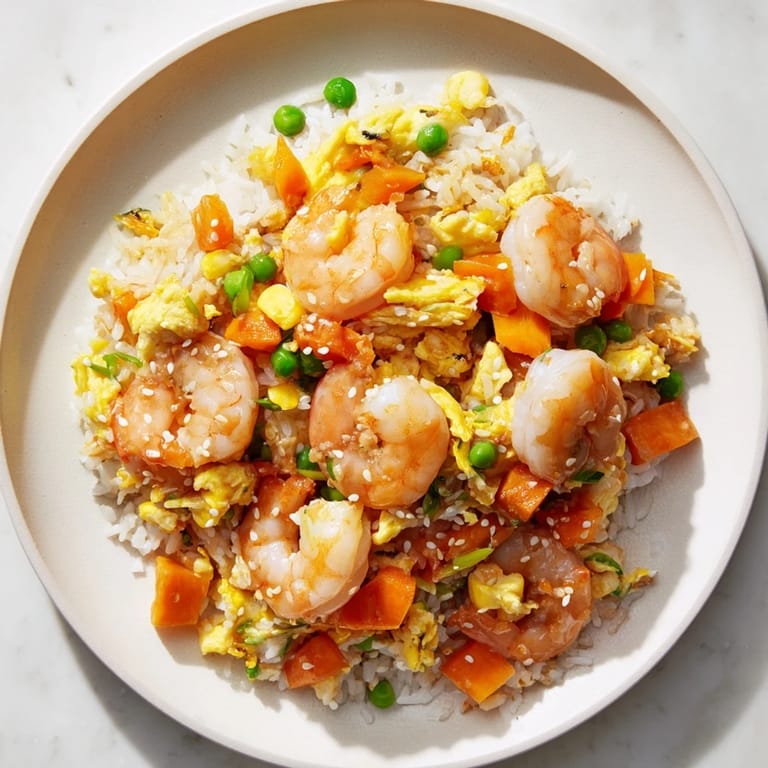 Quick and easy shrimp fried rice, a delicious weeknight meal with visible fresh scallions.
