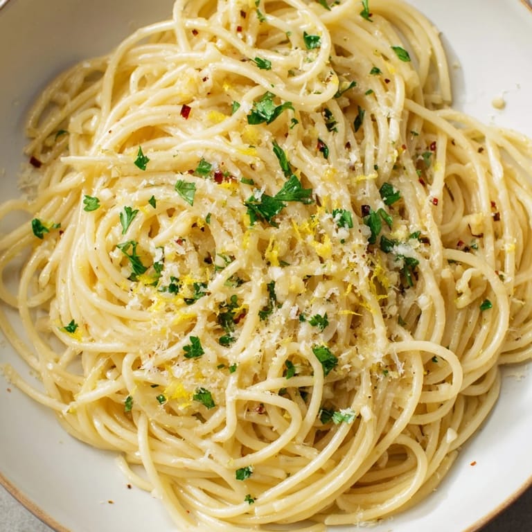 A close-up of steaming garlic butter noodles, coated in rich, flavorful sauce and herbs.