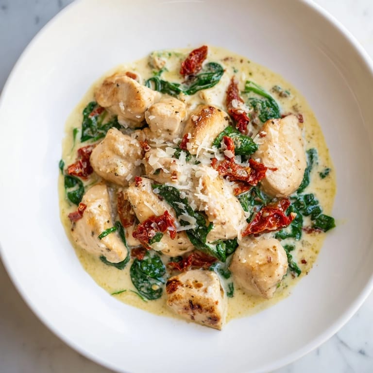 Tender chicken breasts in Creamy Tuscan Chicken, presented with sun-dried tomatoes and spinach.