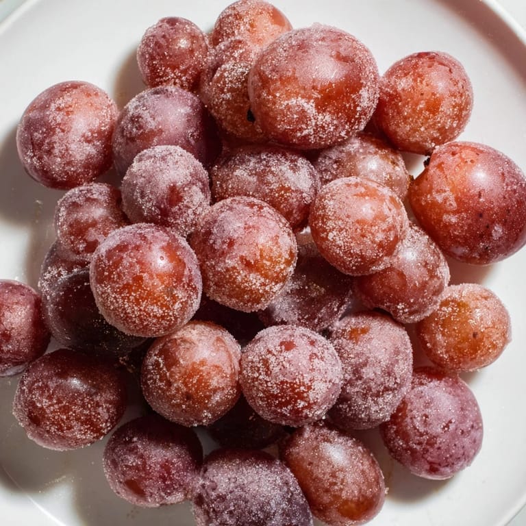 Close-up of frozen grapes, crunchy and sweet, an easy American snack ready in minutes.