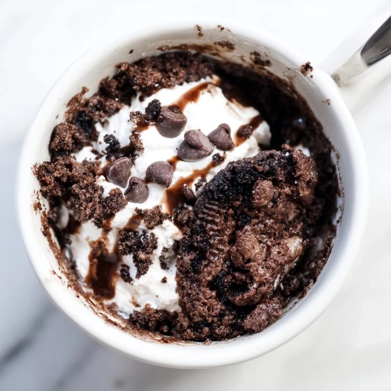 Steaming hot, this simple Oreo Mug Cake shows a perfectly risen dessert, ready in minutes.