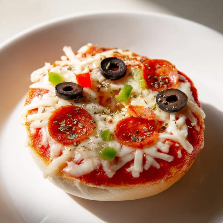 A close-up of air-fried mini bagel pizzas featuring mozzarella, pepperoni, and olives.