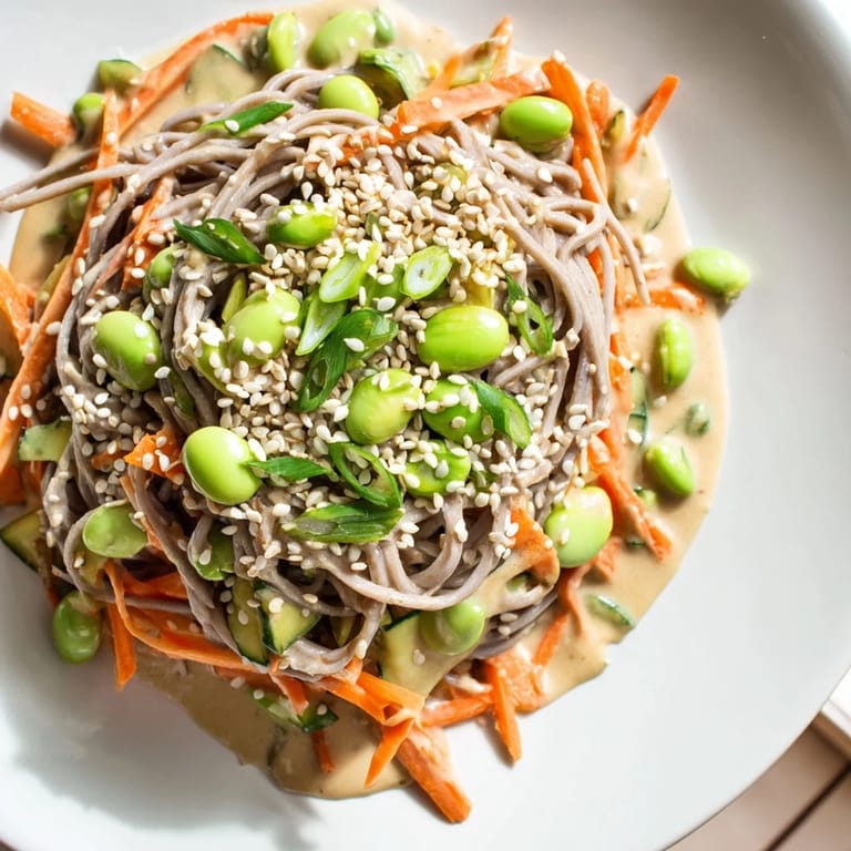 Enjoy the colorful contrast of this chilled Asian Sesame Noodle Salad with ribbons of carrots and edamame.