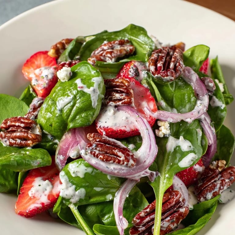 A close-up view of the delicious strawberry spinach salad with glistening poppy seed dressing and red onion.