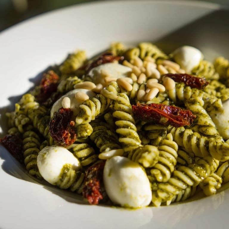 Close-up of creamy pesto pasta salad showcasing the texture and vibrant fresh basil and tomatoes.