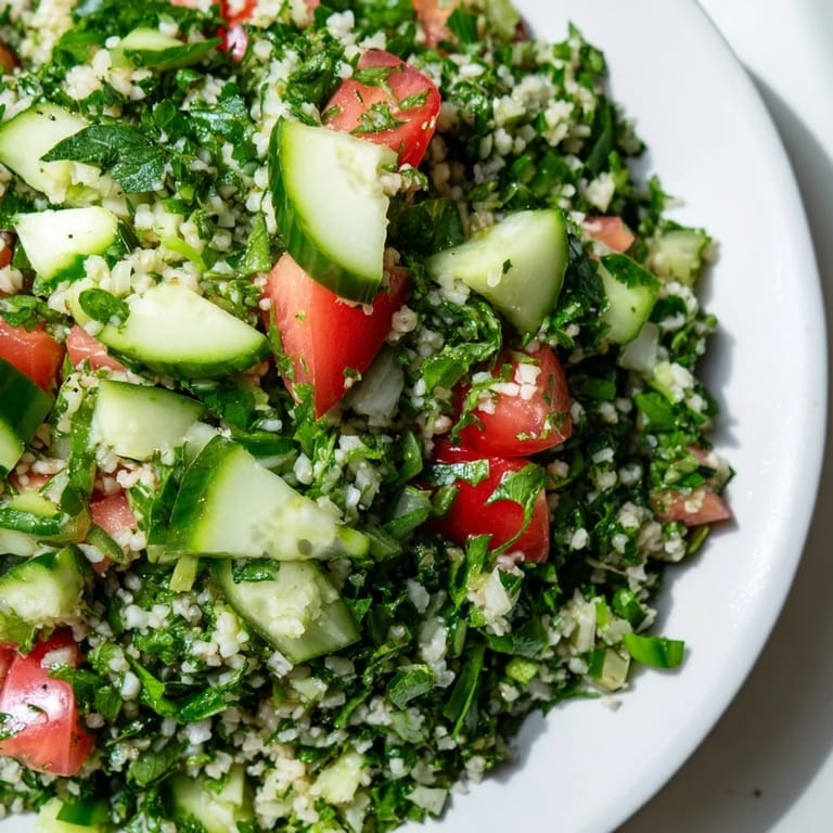 Freshly made Lebanese Tabbouleh Salad, showing the bright colors of the herbs and vegetables.