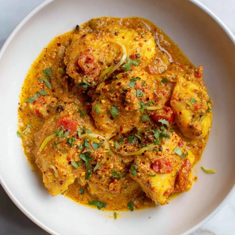 A steaming bowl of Bahraini Fish Curry, glistening with spices and herbs, perfect for dinner.