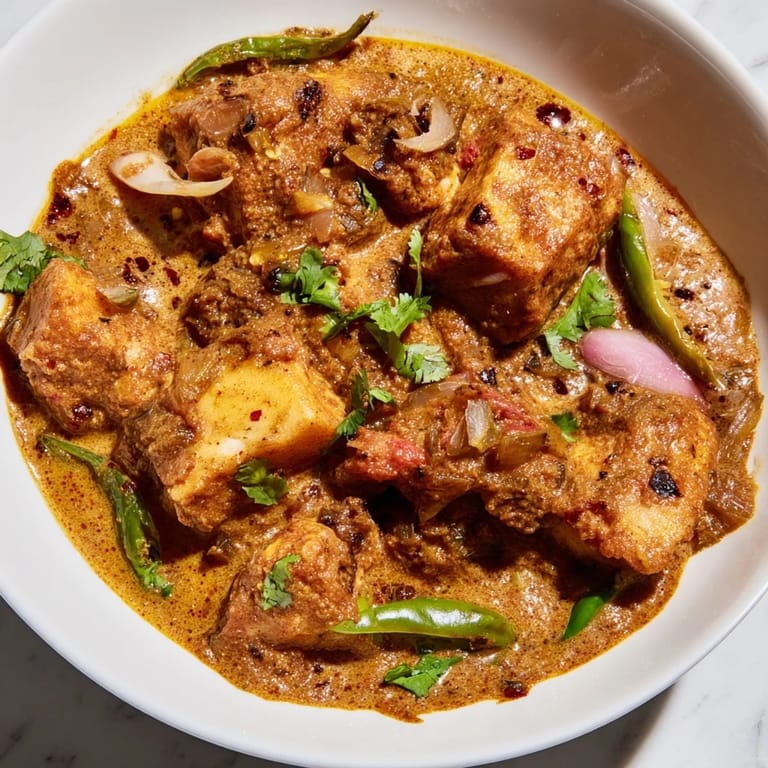 Close-up of Bahraini Fish Curry, showing flaky fish in a vibrant coconut curry sauce.