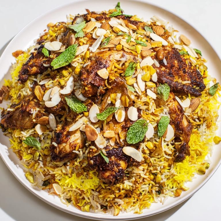 A close-up shot of rich and delicious Kuwaiti Biryani rice, showcasing layers of rice and flavorful meat.