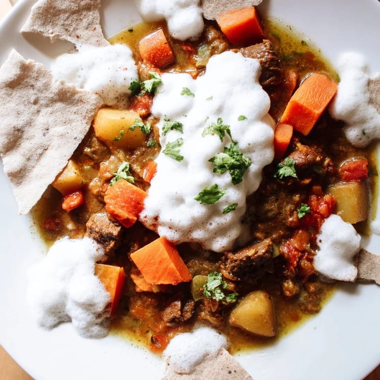 Freshly prepared Yemeni Saltah stew filled with tender meat, vegetables, and creamy fenugreek.