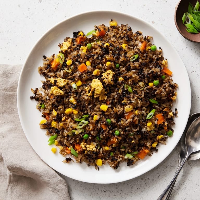 Black Garlic Fried Rice in a wok, showing caramelized onions and tender veggies tossed in savory sauces.  