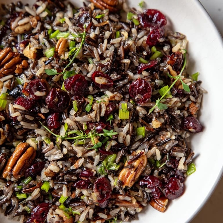 A rustic serving of Wild Rice Harvest Salad in a white bowl, perfect as a gluten-free side dish or light lunch option.