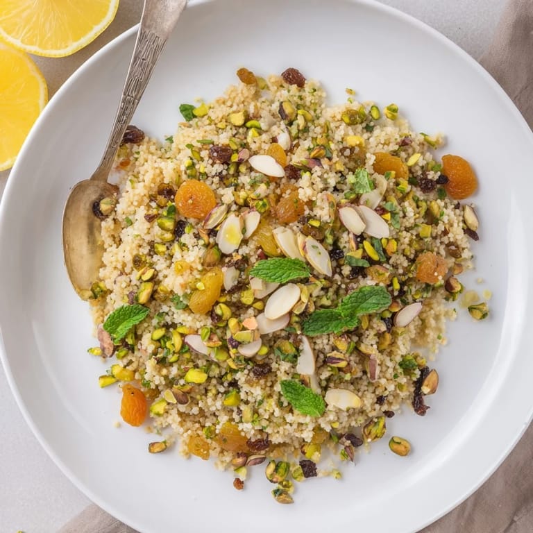 Spiced couscous pilaf with apricots, golden raisins, toasted nuts, and fresh mint, ready to serve as a side dish.