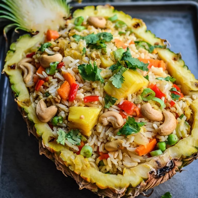Colorful vegetarian pineapple fried rice with tender carrots, peas, and jasmine rice, presented beautifully inside a fresh pineapple half.