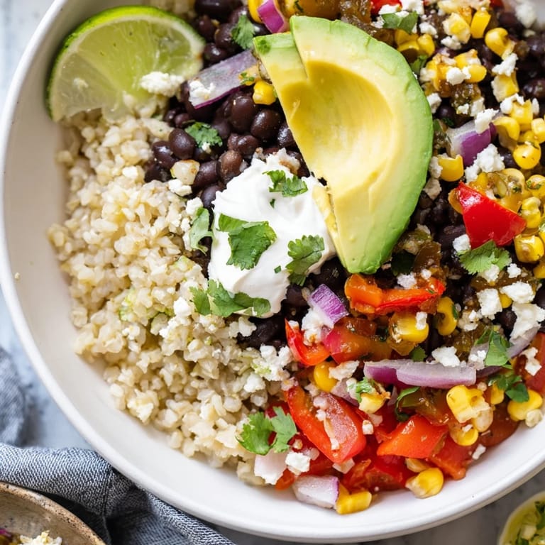 Freshly prepared Brown Rice Burrito Bowl garnished with cilantro and lime wedges, ready to serve as a wholesome vegetarian main dish.