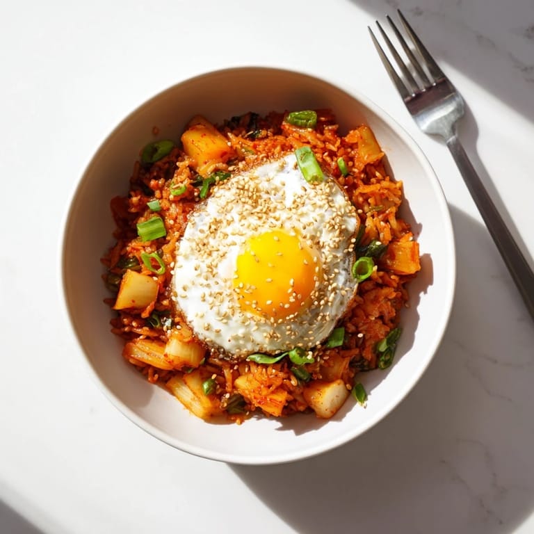 Hearty serving of Kimchi Fried Rice with a runny yolk egg, sesame seeds, and kimchi juice, ready to be enjoyed.