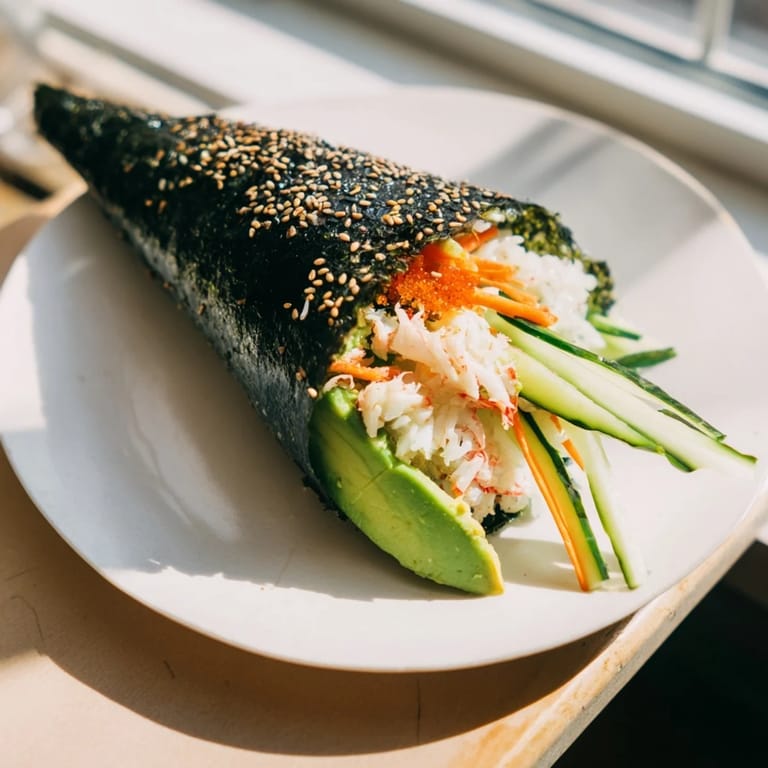 These vibrant Sushi Rice Hand Rolls feature delicate sushi rice, sweet crab, and crunchy vegetables wrapped in nori for a handheld meal.  