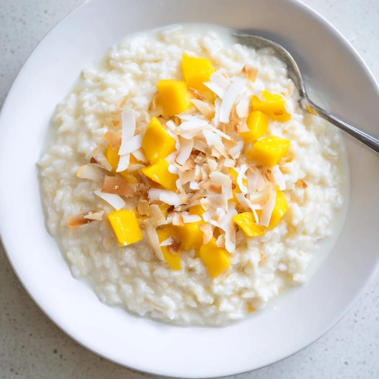 Creamy, fragrant Coconut Rice Sweet in a rustic ceramic dish, garnished with golden pineapple chunks and shredded coconut.