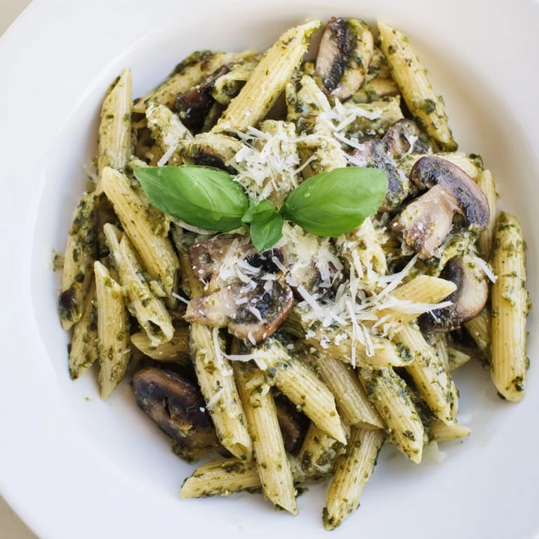 Hearty Mushroom Pesto Pasta served warm, garnished with fresh basil and grated Parmesan.