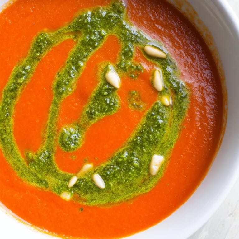 Steaming tomato soup topped with a vibrant swirl of fresh basil pesto.