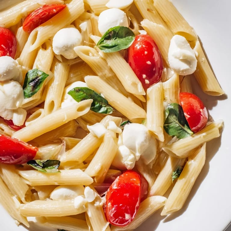 Overhead view of freshly tossed Caprese Salad Pasta in a colorful bowl, garnished with extra basil leaves, ready to serve as a quick and easy Italian-inspired dinner.