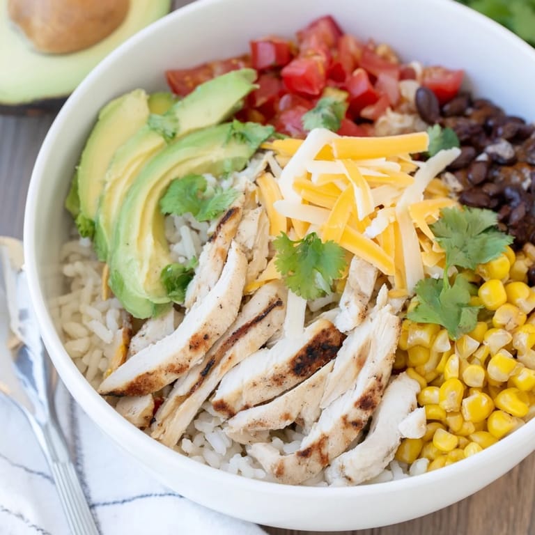 A close-up of juicy grilled chicken nestled in a spicy burrito bowl, garnished with cheese, cilantro, and zesty lime wedges.