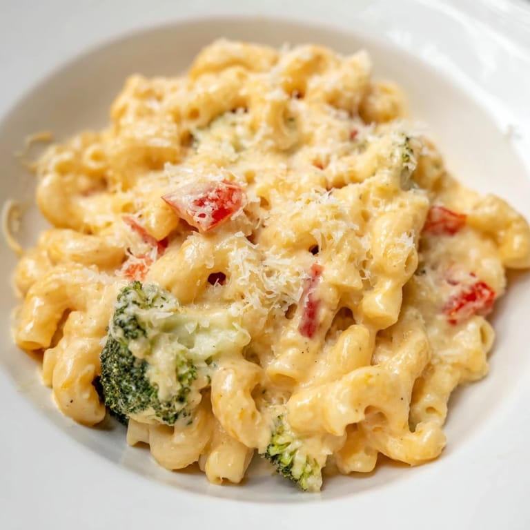 A close-up view shows al dente macaroni coated in velvety cheese sauce, studded with caramelized zucchini, cherry tomatoes, and red onion for a hearty main dish.