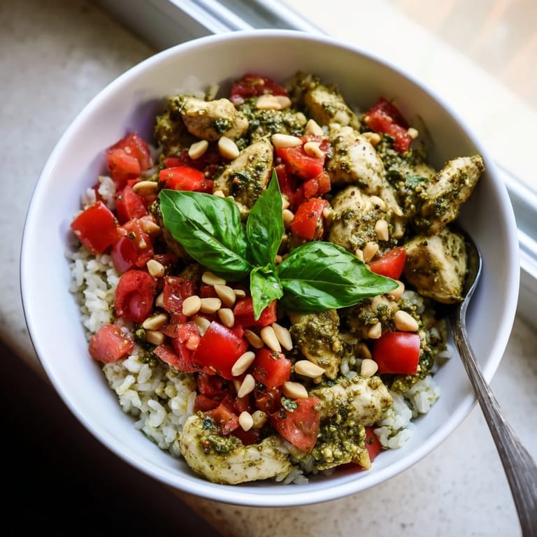 Golden-brown pesto chicken, diced tomatoes, and fresh basil garnish a hearty Chicken Pesto Rice Bowl on a rustic table.