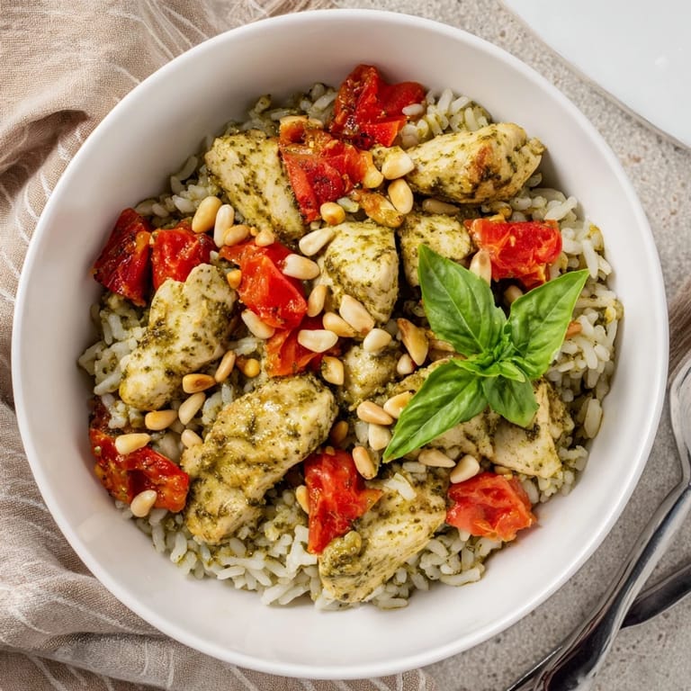 Vibrant and easy, this Chicken Pesto Rice Bowl combines warm rice, savory chicken, and bright tomatoes for a satisfying meal.
