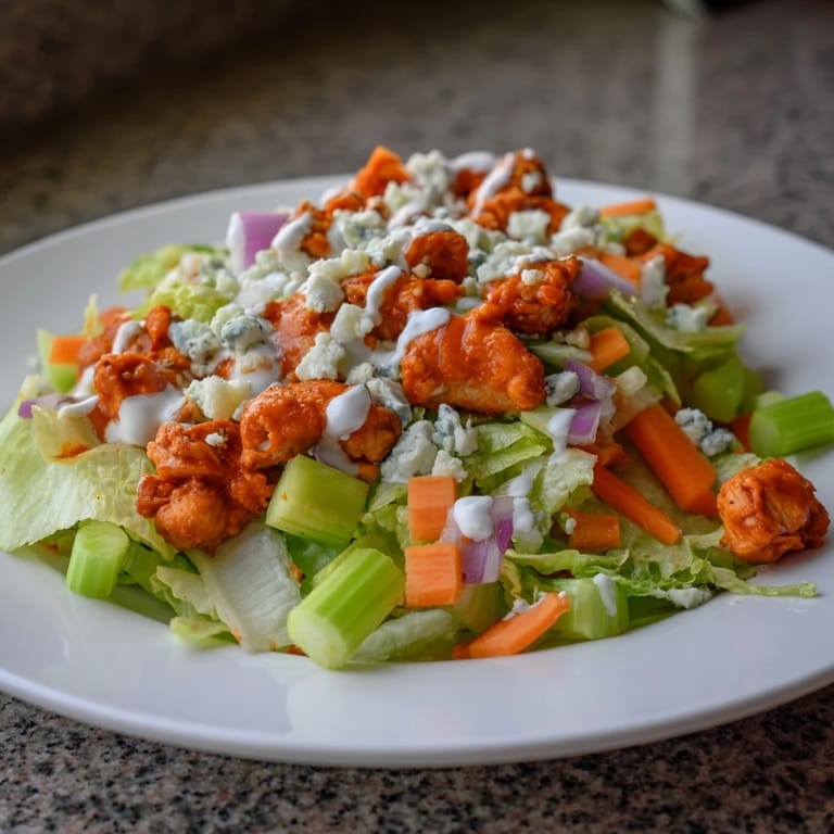 A hearty American-style Buffalo Chicken Chopped Salad featuring juicy chicken, diced veggies, and a drizzle of blue cheese dressing.
