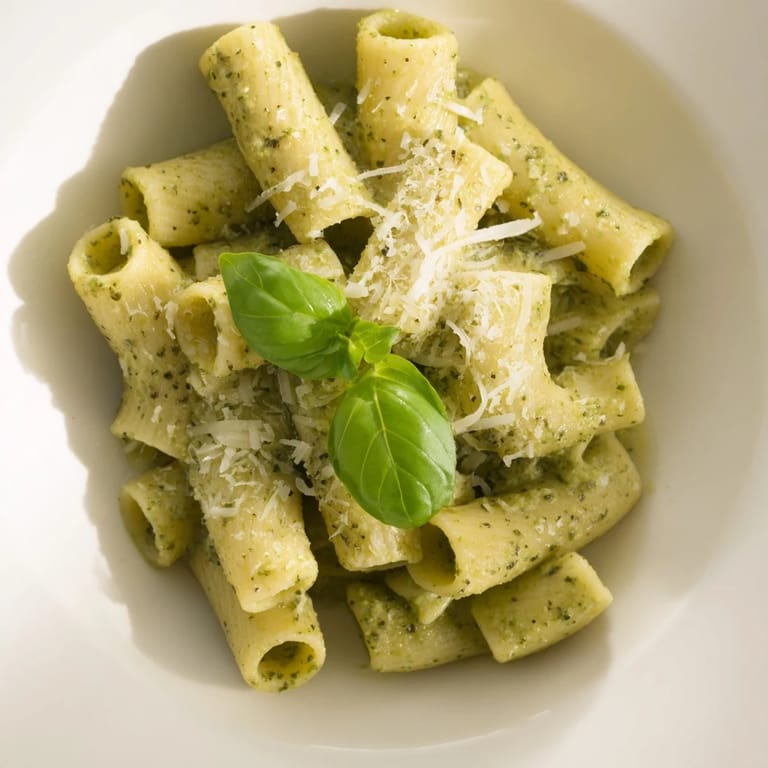 A bowl of Creamy Avocado Pesto Mac featuring vibrant green sauce coating tender elbow pasta and a lemon wedge.