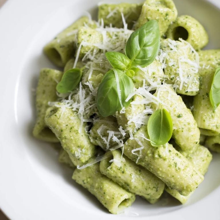 Close up on Creamy Avocado Pesto Mac with a spoon stirring silky avocado basil sauce through the noodles.