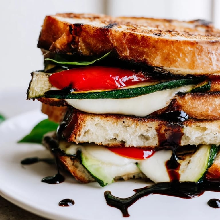 Fresh basil and balsamic glaze add vibrant Italian-American flavor to this Roasted Veggie Caprese Grilled Cheese, served warm beside a bright mixed greens salad.  