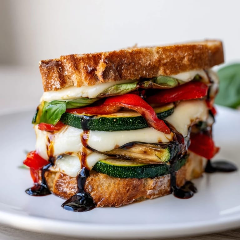 A slice of Roasted Veggie Caprese Grilled Cheese reveals melted mozzarella, roasted vegetables, and ripe tomato between buttery, crunchy bread—perfect for an easy vegetarian dinner.