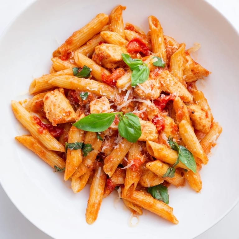 Dinner plate with colorful Tomato Basil Chicken Pasta, Parmesan cheese, and a side salad.