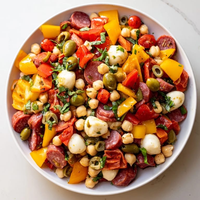 Freshly tossed Crunchy Antipasto Chopped Salad featuring olives, pepperoncini, and a bright Italian vinaigrette.