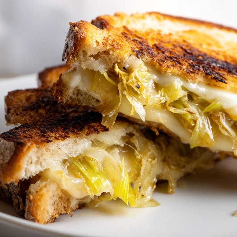 Havarti & Caramelized Leek Grilled Cheese, served warm with a crisp green salad and a bowl of tomato soup.