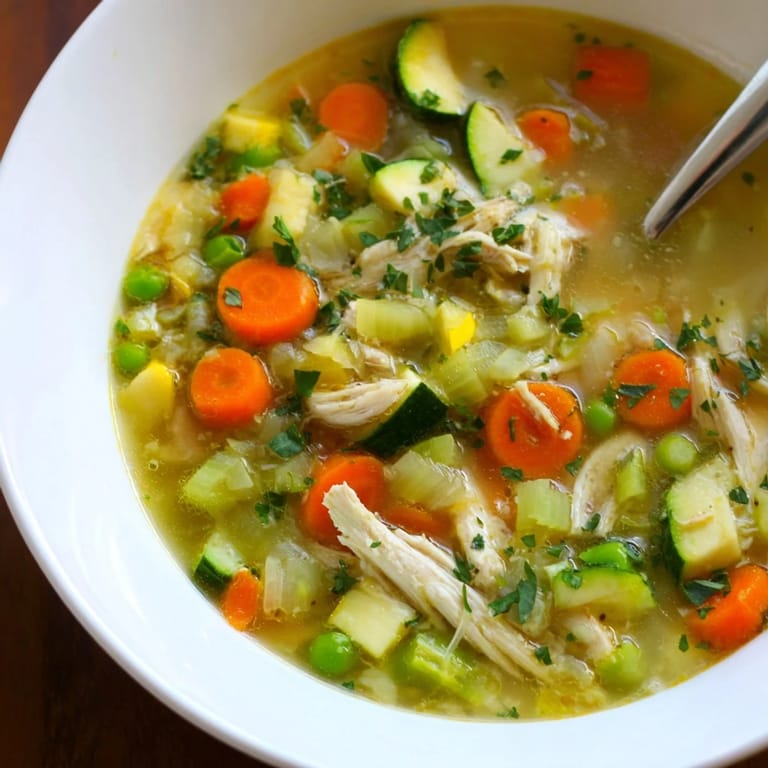 Steaming Spring Garden Chicken Soup showcases sliced carrots, zucchini, and herbs in a comforting, light broth.