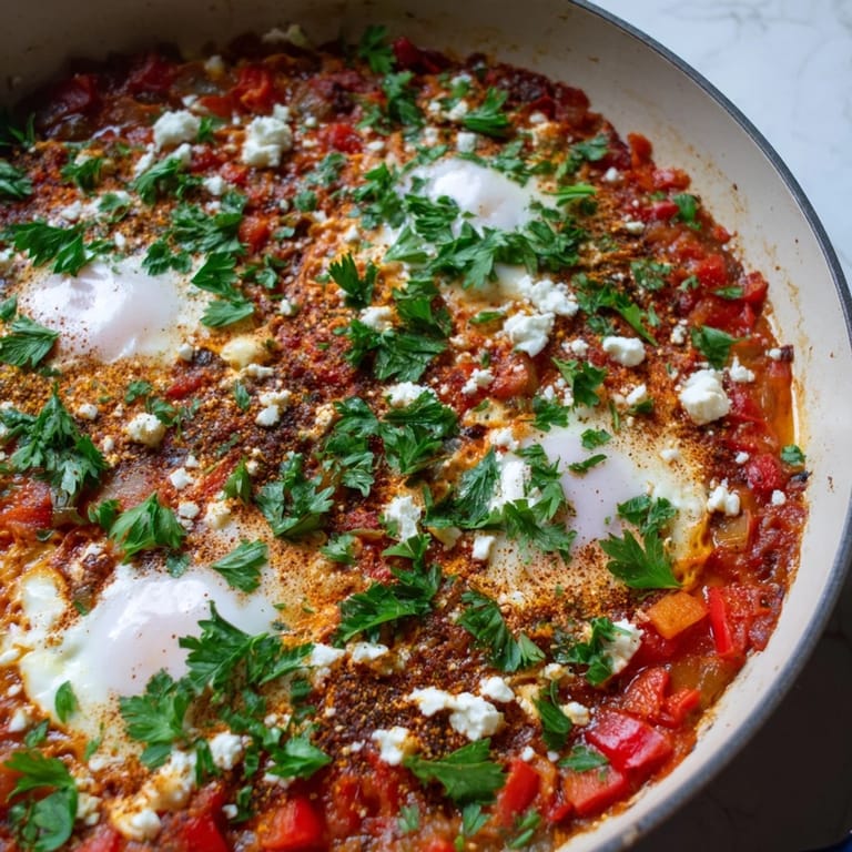 Hearty shakshuka breakfast dish with runny egg yolks in a warm skillet, served alongside crusty artisan bread perfect for dipping into the savory sauce.