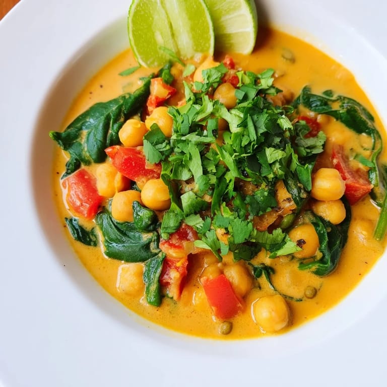 Close-up view of creamy coconut Chickpea Curry, simmered with golden spices and tender chickpeas in a rustic white bowl.