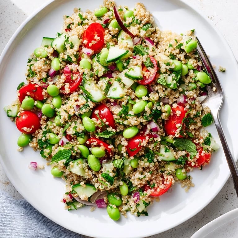 Close-up of fresh Edamame and Quinoa Salad garnished with chopped parsley and mint, highlighting the juicy cherry tomatoes and crisp cucumber for a healthy lunch.