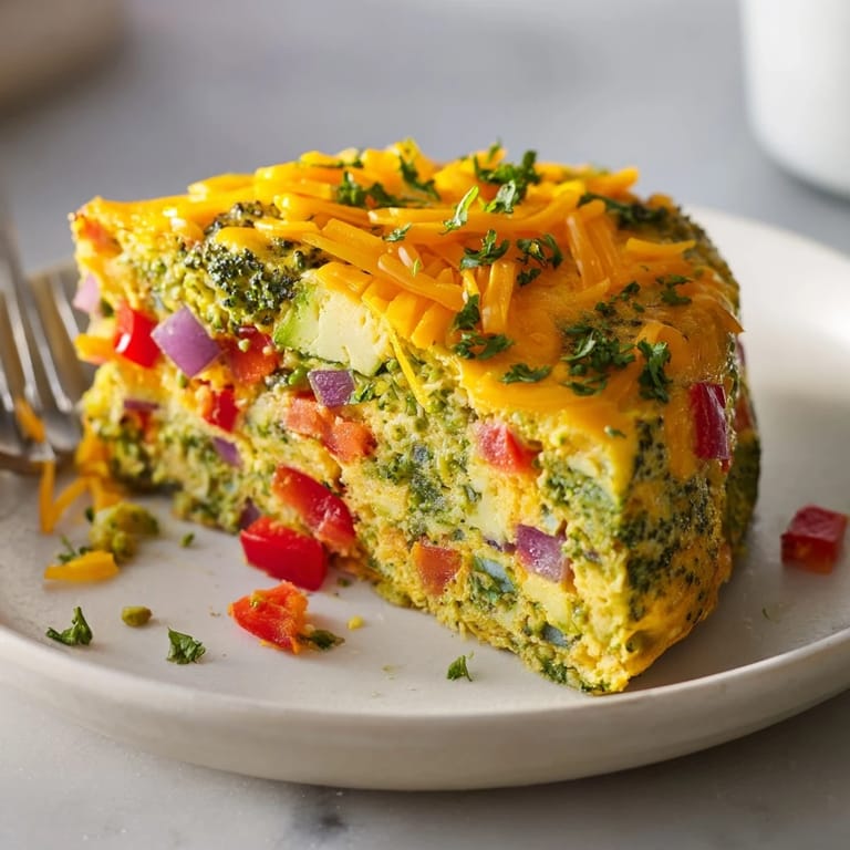 Golden vegetable frittata, a hearty and healthy oven-baked egg dish, sliced for serving.