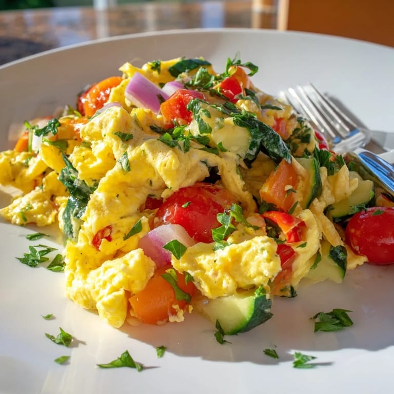 Steaming egg and vegetable scramble features red bell pepper and zucchini, garnished with fresh herbs on a plate.  