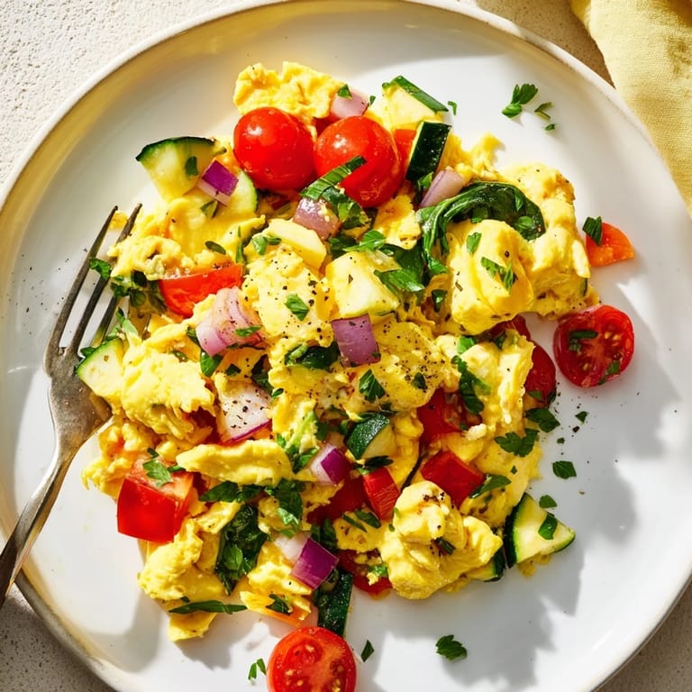 A close-up of a soft egg and vegetable scramble served alongside whole grain toast for a savory brunch.