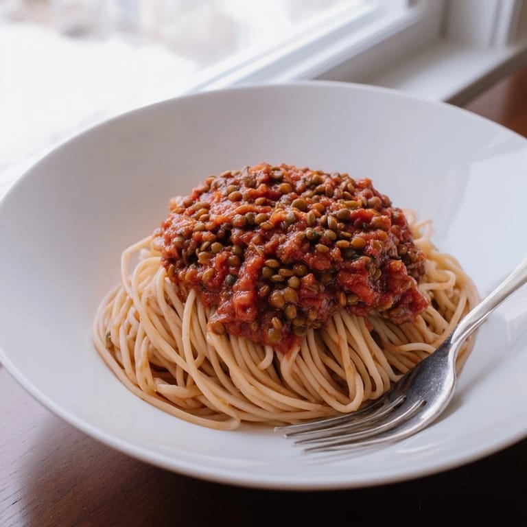 Flavorful Lentil Bolognese simmering with vegetables, perfect for a cozy pasta dinner.