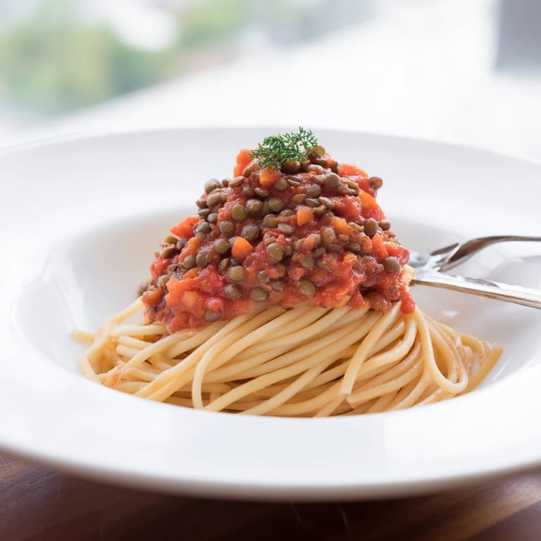 Plated Lentil Bolognese topping pasta, garnished with fresh green herbs and cheese.