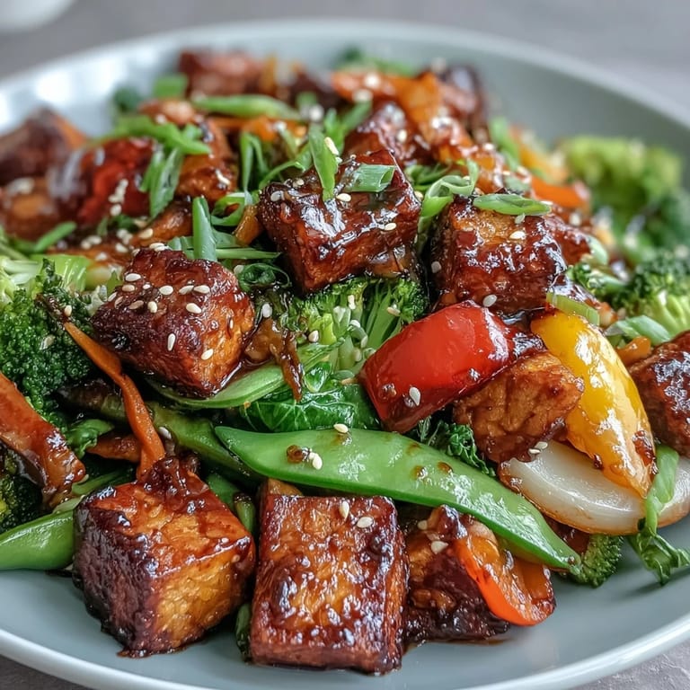 Colorful vegetable medley with stir-fried tempeh and fresh ginger, garnished with green onions and toasted sesame seeds.