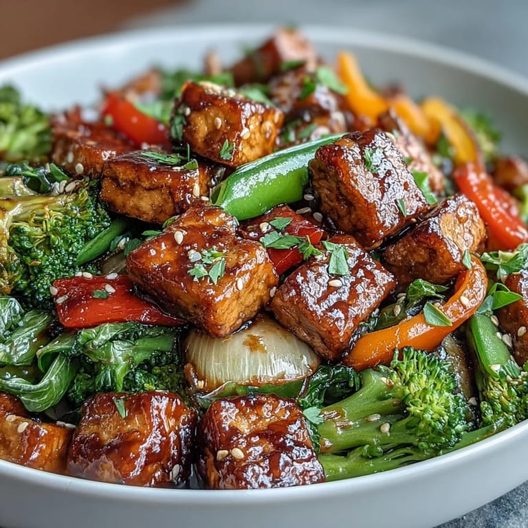 Aromatic vegan tempeh stir-fry with crunchy broccoli, carrots, and snap peas, perfect for a healthy weeknight dinner.