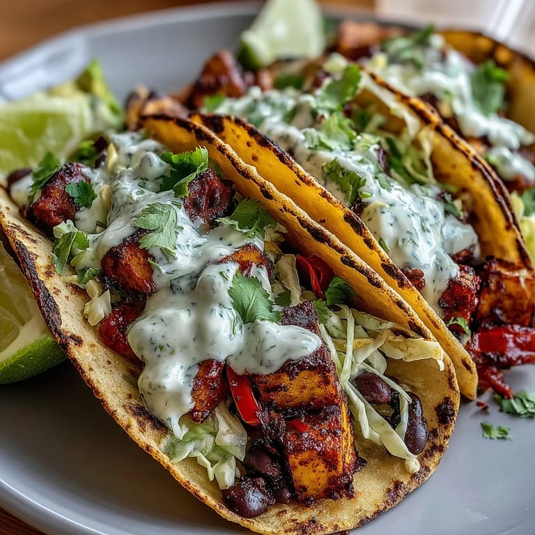 Stacked Black Bean and Sweet Potato Tacos showcase smoky sweet potatoes, seasoned black beans, cilantro, and tangy lime wedges on soft corn tortillas.