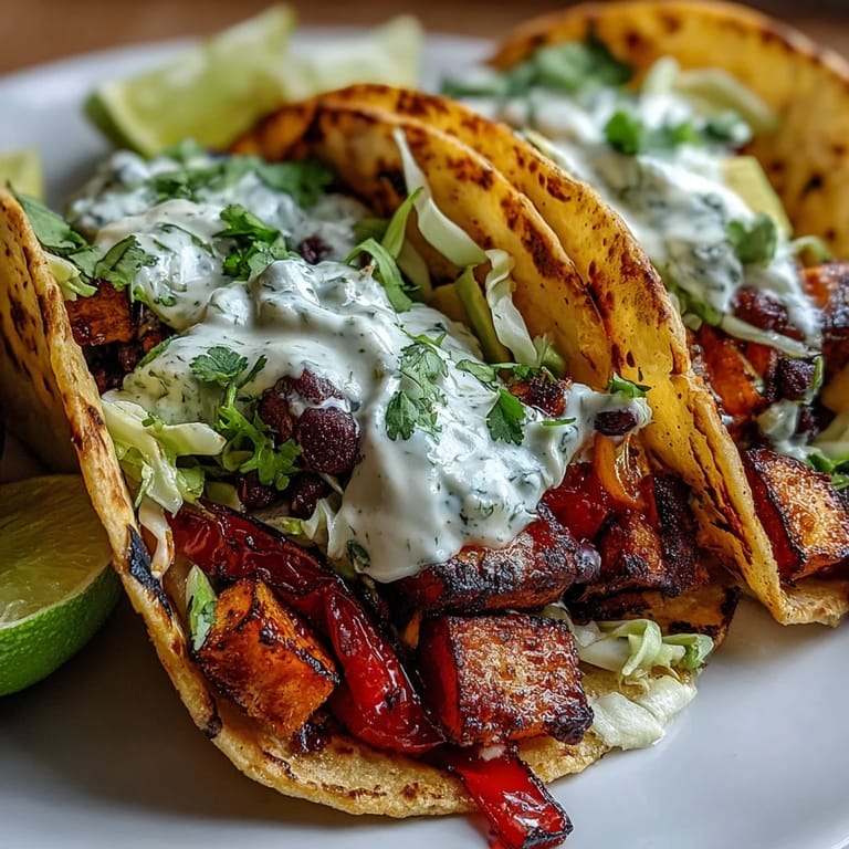 Hearty Black Bean and Sweet Potato Tacos garnished with purple cabbage, avocado, and optional vegan feta, ready for a colorful weeknight dinner.